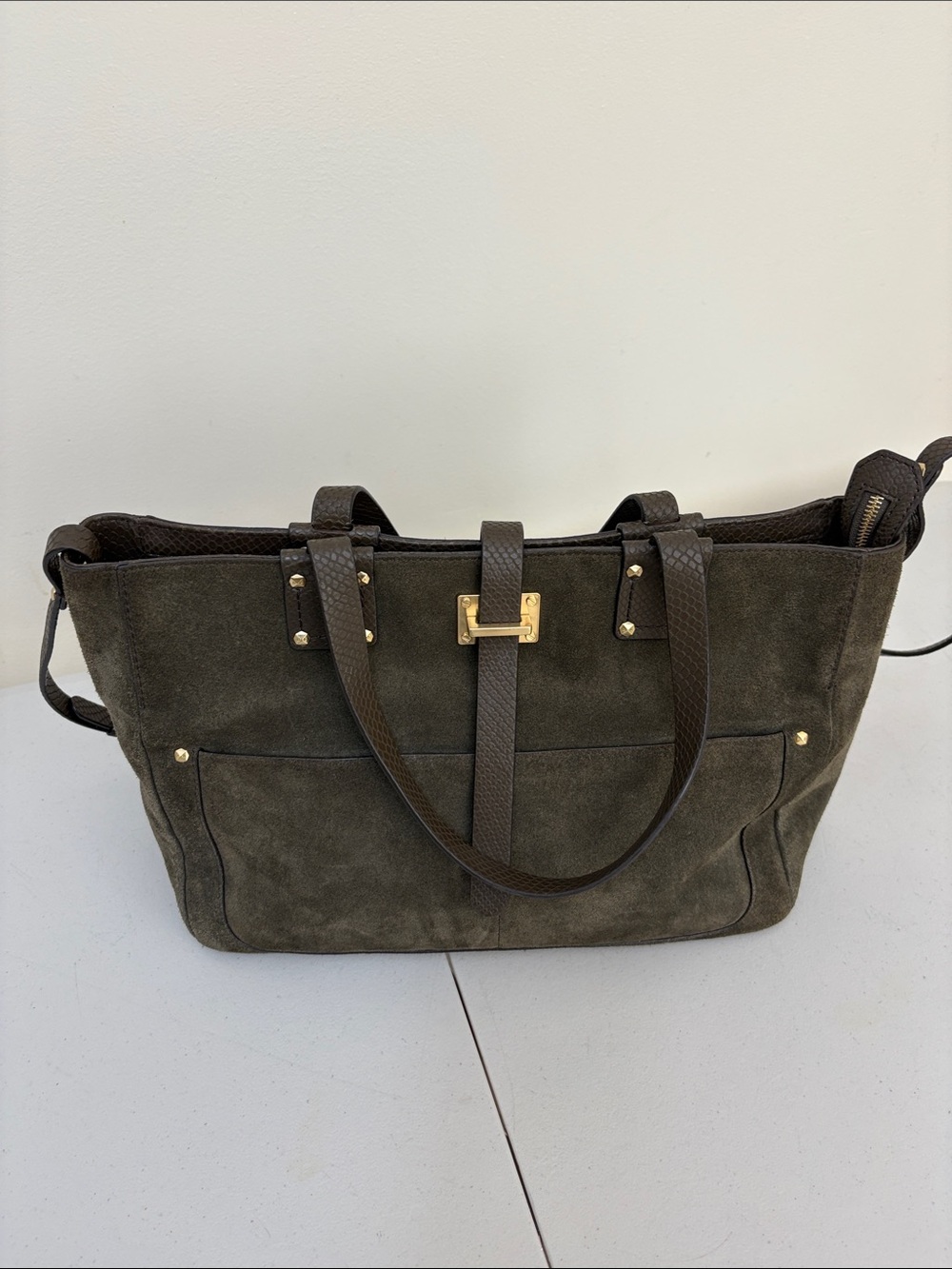 henri bendel Olive Green Suede Tote with Dark Brown Trim